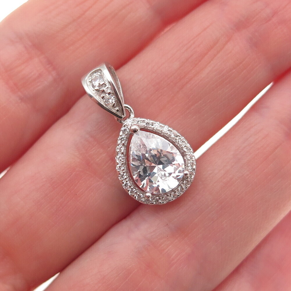 925 Sterling Silver Pear & Round-Cut C Z Mini Charm Pendant